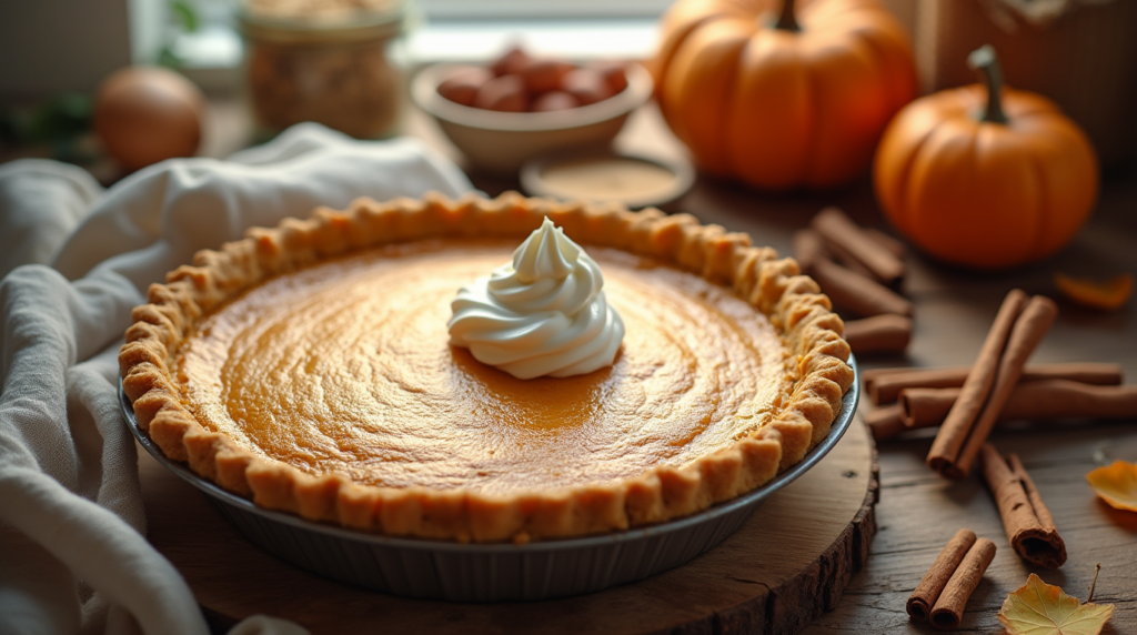 a cozy rustic kitchen scene with a freshly baked pumpkin pie on a wooden table the pie has a golden qqtj6tf5ouobp7hub9e9 2