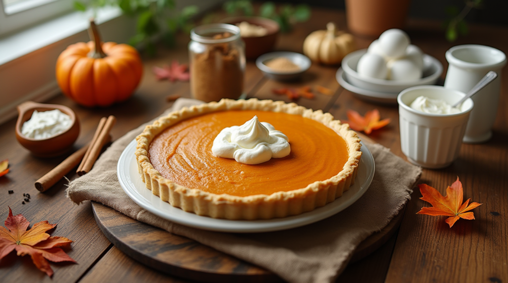 a cozy rustic kitchen scene with a freshly baked pumpkin pie on a wooden table the pie has a golden tf74p7ayxioigzuwsmt7 1