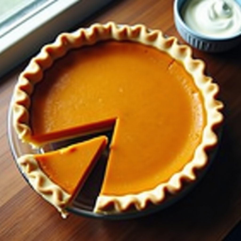 Homemade pumpkin pie with a crimped butter crust in a glass pie dish, one slice removed, with whipped cream on the side