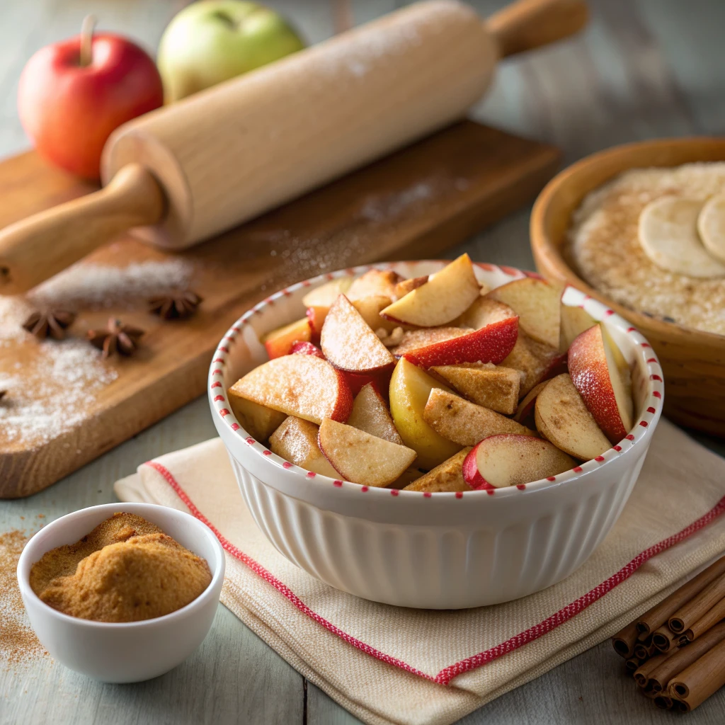 Thick homemade apple pie filling with cinnamon-coated apple slices in a pot