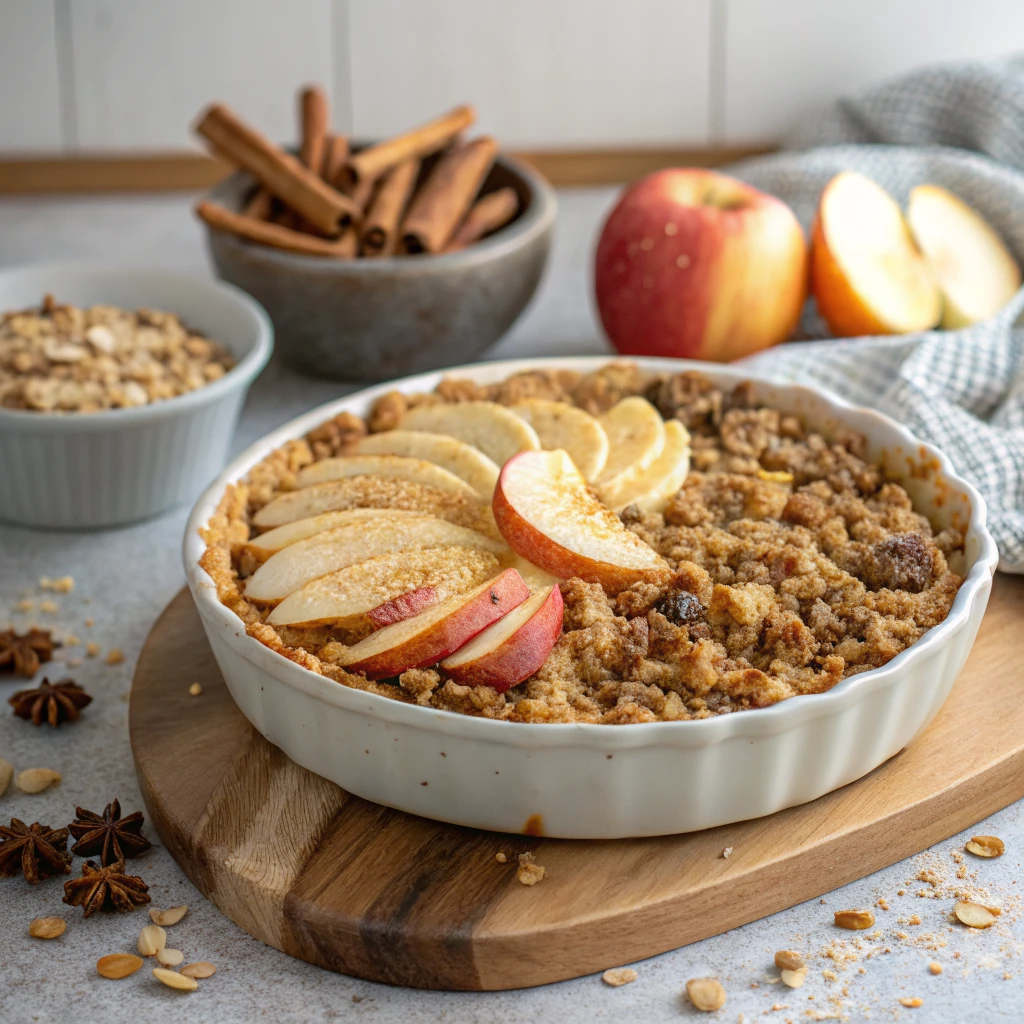Baked apple crisp with a golden oat and brown sugar topping in a square baking dish