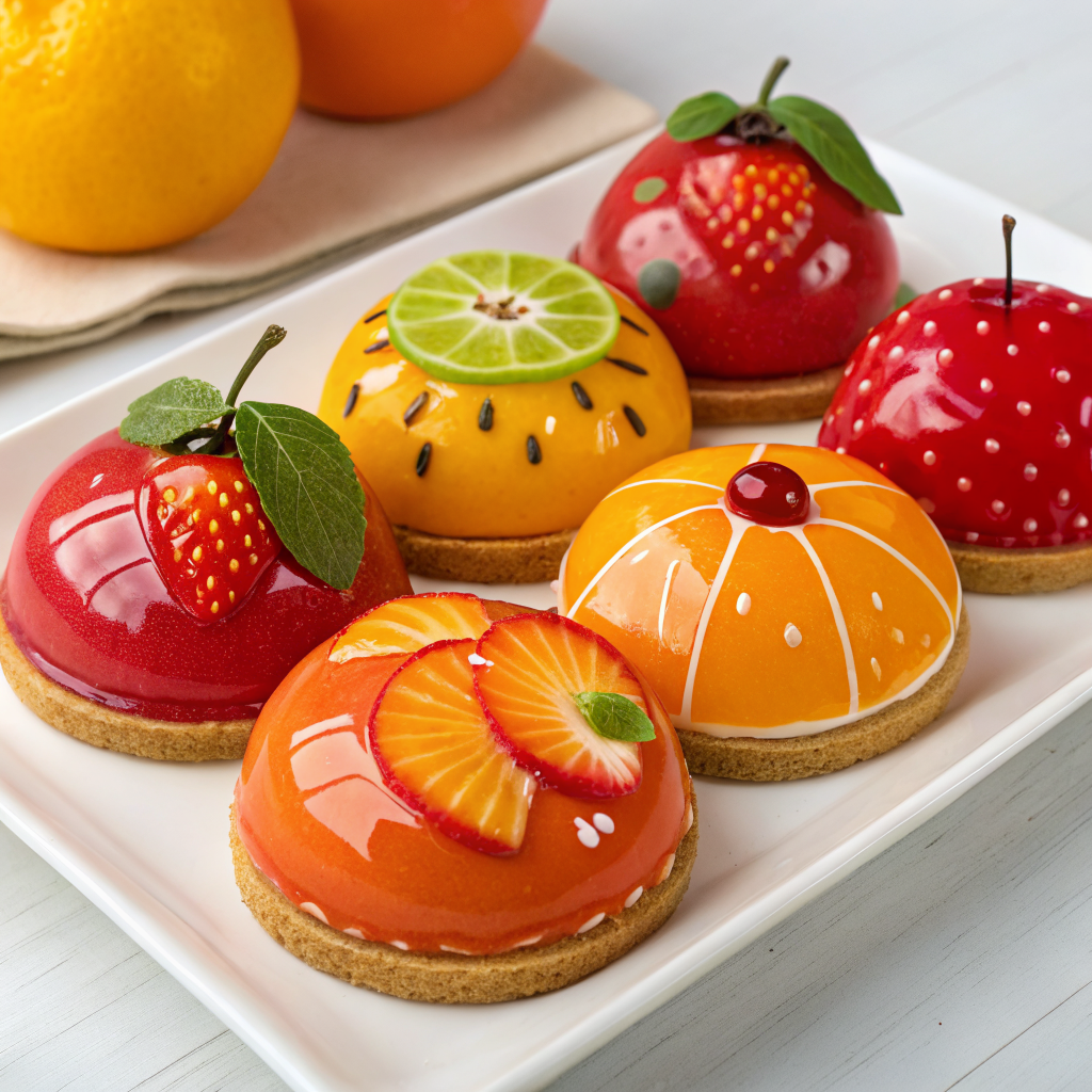 Hyper-realistic fruit-shaped pastries and mousse cakes displayed in a gourmet bakery window.