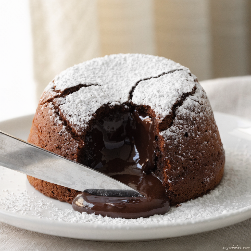 A perfectly baked chocolate lava cake oozing rich, molten chocolate from its center.