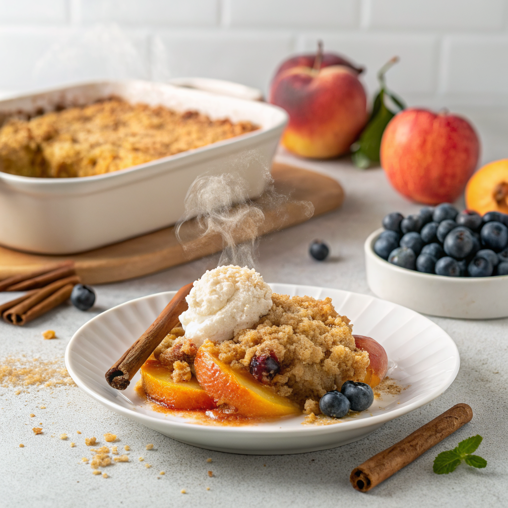 Golden brown fruit crumble with a crunchy oat topping served in a white ceramic dish.