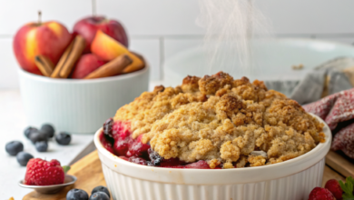 Golden brown fruit crumble with a crunchy oat topping served in a white ceramic dish, ready to eat.