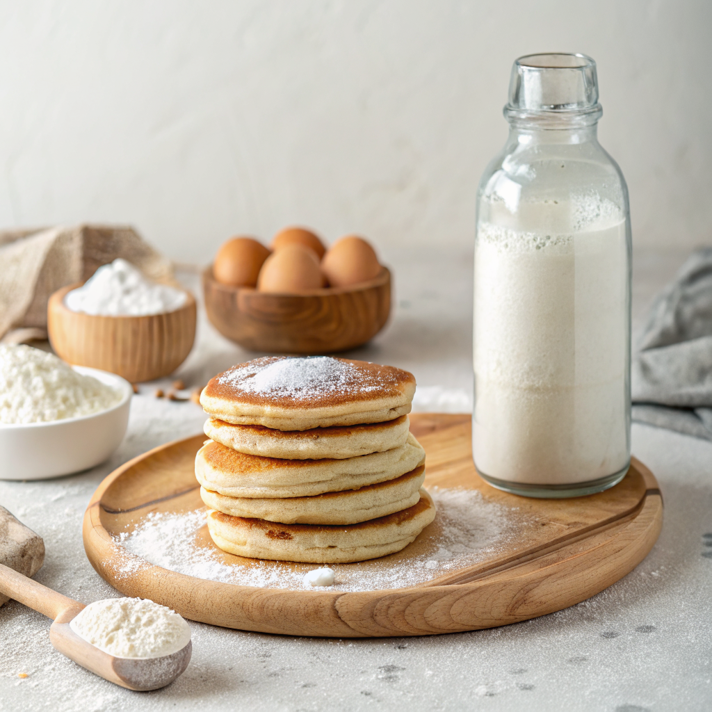 A spoon scooping white baking powder, a chemical leavener used in cakes and muffins