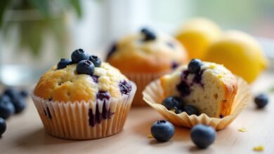 Golden blueberry lemon yogurt muffins with fresh blueberries and a halved muffin showing the crumb