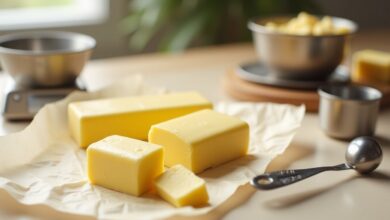 Butter sticks, measuring spoons and kitchen scale for US cup-to-gram baking conversions