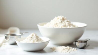 Homemade cake flour alternative ingredients with wheat flour, cornstarch, measuring spoons and a sieve