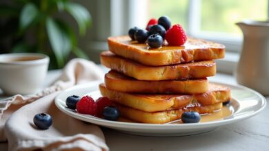 Golden slices of challah bread French toast topped with fresh berries on a white plate