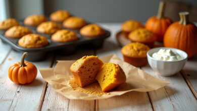 Golden cottage cheese pumpkin muffins in a baking pan with a split muffin showing the soft orange crumb