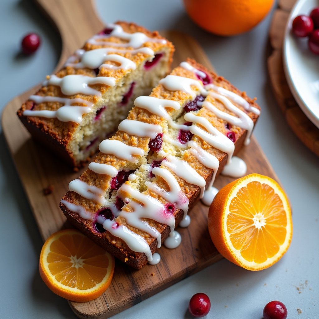 Sliced cranberry orange loaf with orange glaze on a wooden board, cranberries visible in the crumb