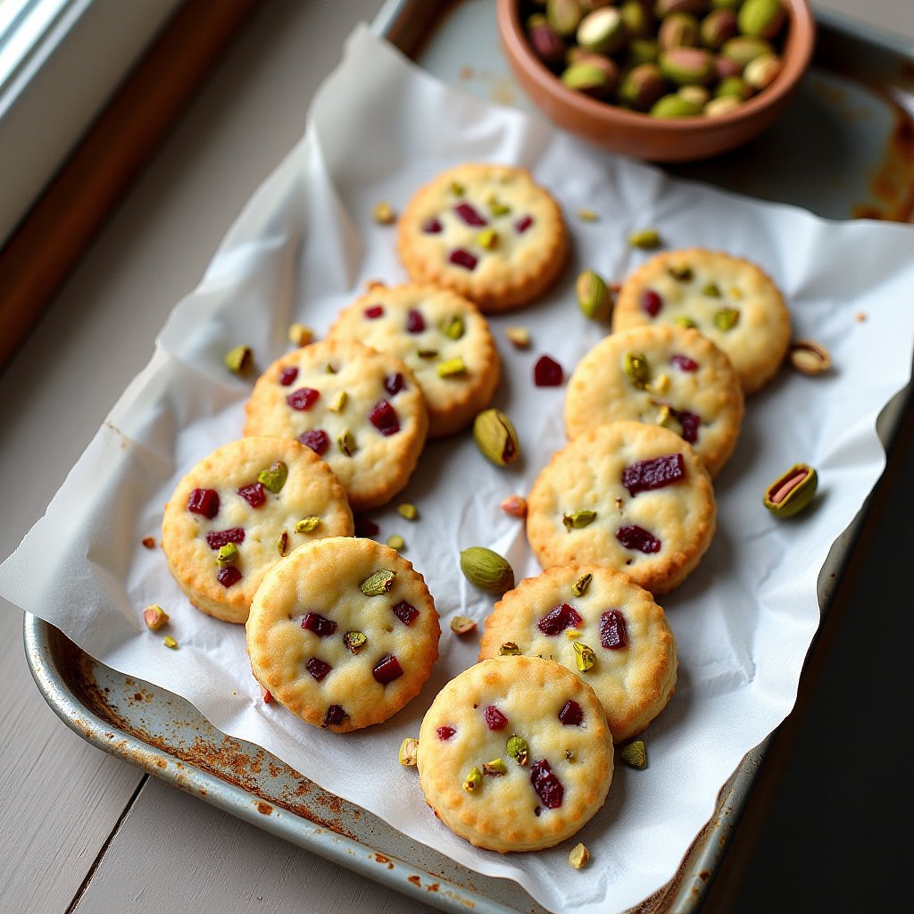 Round cranberry pistachio shortbread cookies on parchment with a bowl of shelled pistachios