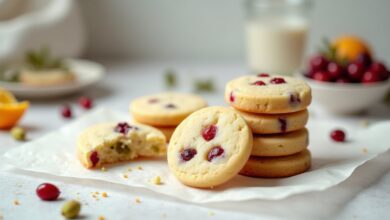 Holiday cranberry pistachio shortbread cookies with red dried cranberries and green pistachios on parchment