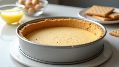 Golden graham cracker crumb crust pressed into a 9-inch springform pan, ready for cheesecake filling