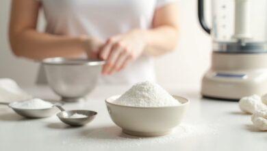 Homemade powdered sugar in a bowl with sugar, a blender, and a fine-mesh sieve