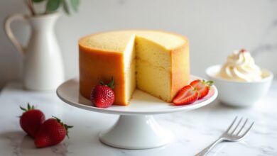 Light golden homemade sponge cake with a slice cut showing its fluffy airy crumb