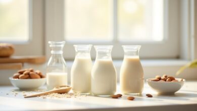 Glass pitchers of soy milk, oat milk and almond milk with measuring tools for baking milk substitutes