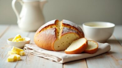Rustic round no-yeast buttermilk quick bread loaf with golden crust and sliced tender crumb