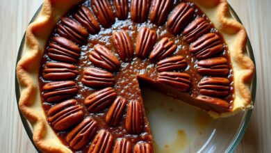 Classic pecan pie with glossy filling and pecan halves in a glass pie dish, one slice removed
