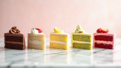 Six popular cake flavors including chocolate, vanilla, strawberry, lemon, pistachio and red velvet