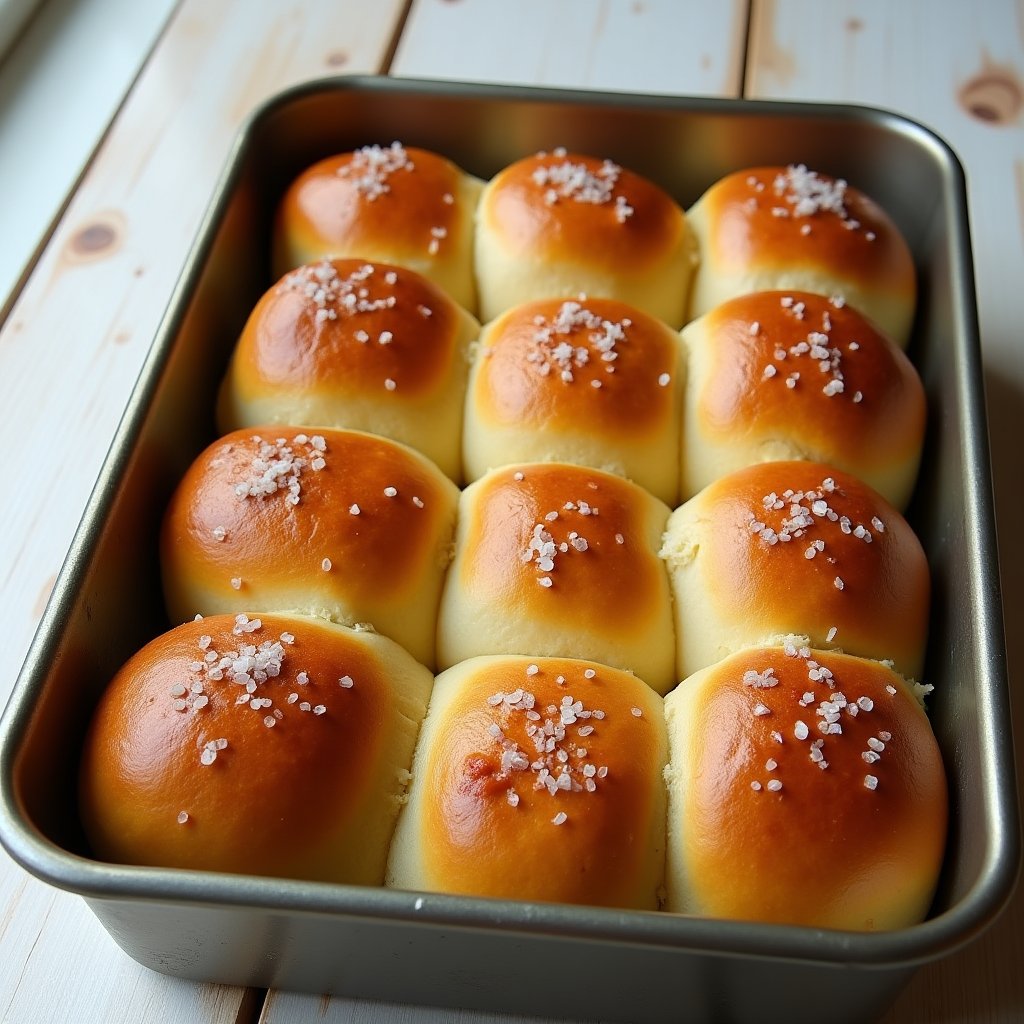 Golden soft pull-apart dinner rolls brushed with butter in a 9x13 baking pan