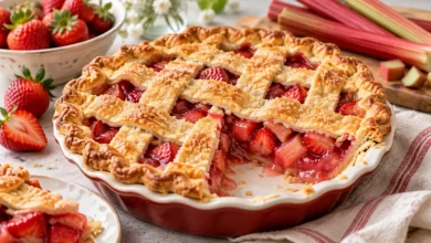 Homemade strawberry rhubarb pie with golden lattice crust and ruby red fruit filling
