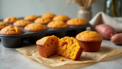 Golden sweet potato corn muffins in a baking tin with a split muffin showing the moist cornmeal crumb