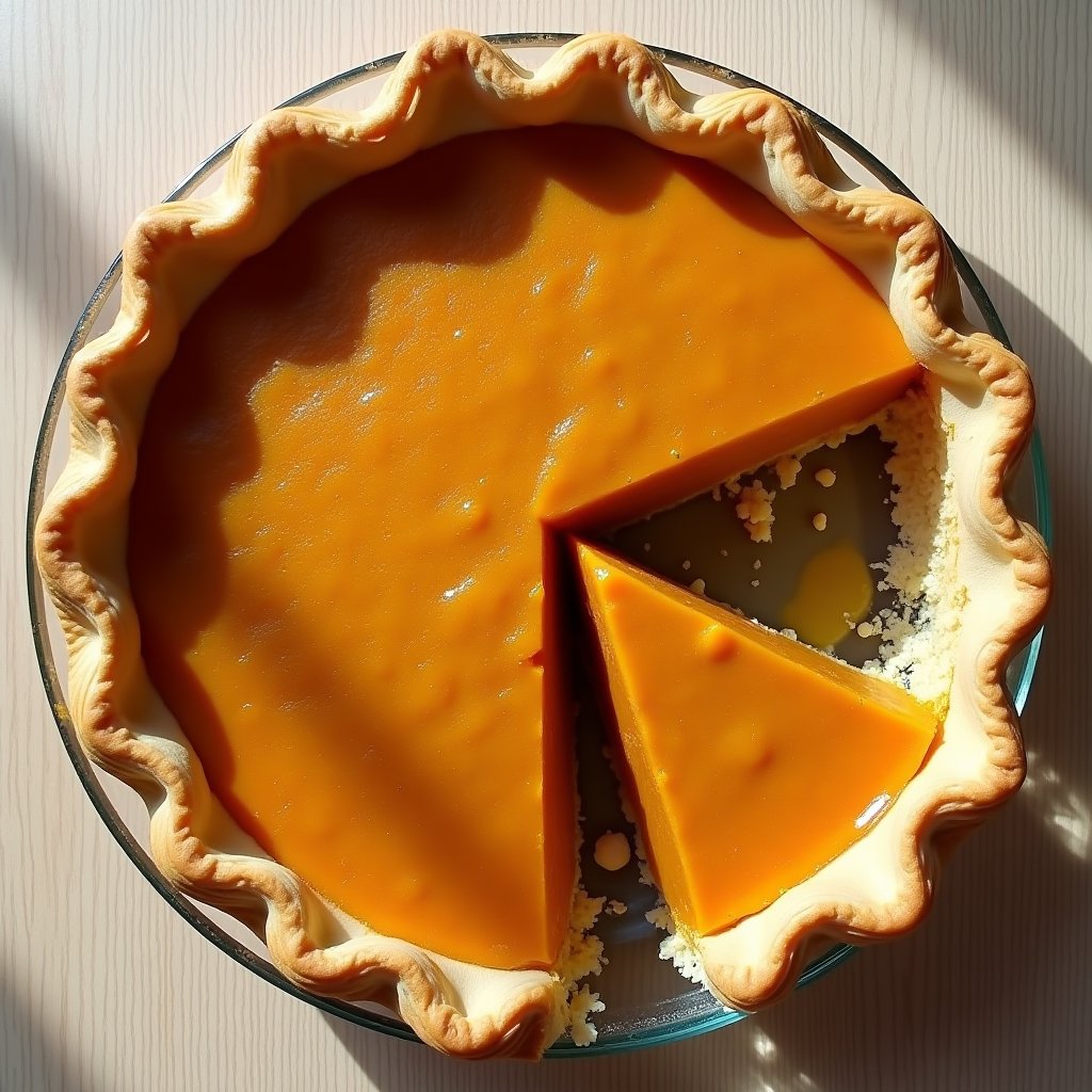 Homemade sweet potato pie with a crimped butter crust in a glass pie dish, one slice cut