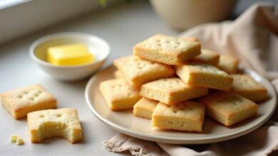 Homemade buttery shortbread cookies on a ceramic plate with a golden, crumbly texture